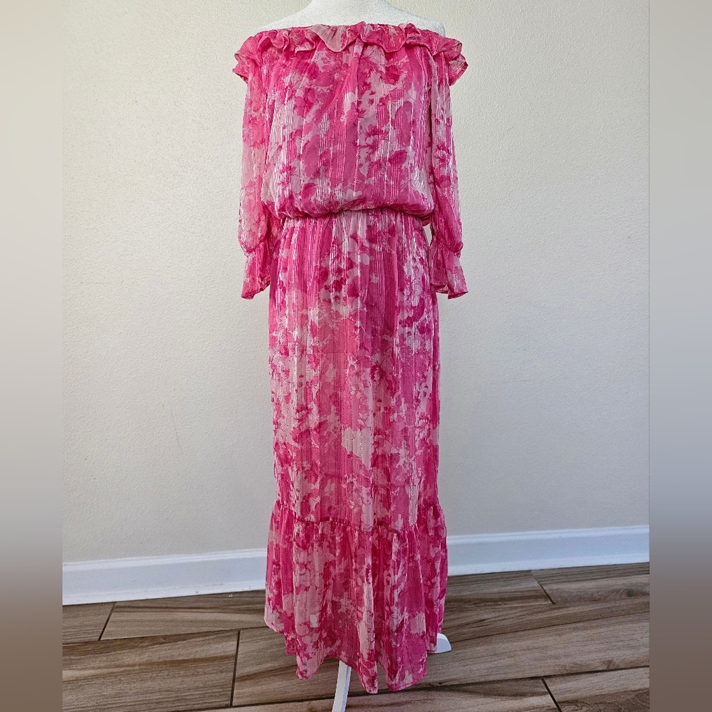Off-Shoulder Pink Floral Maxi Dress